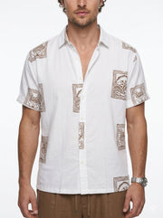 Off White & Brown Block Print Band Collar Cotton Casual Men's Shirt