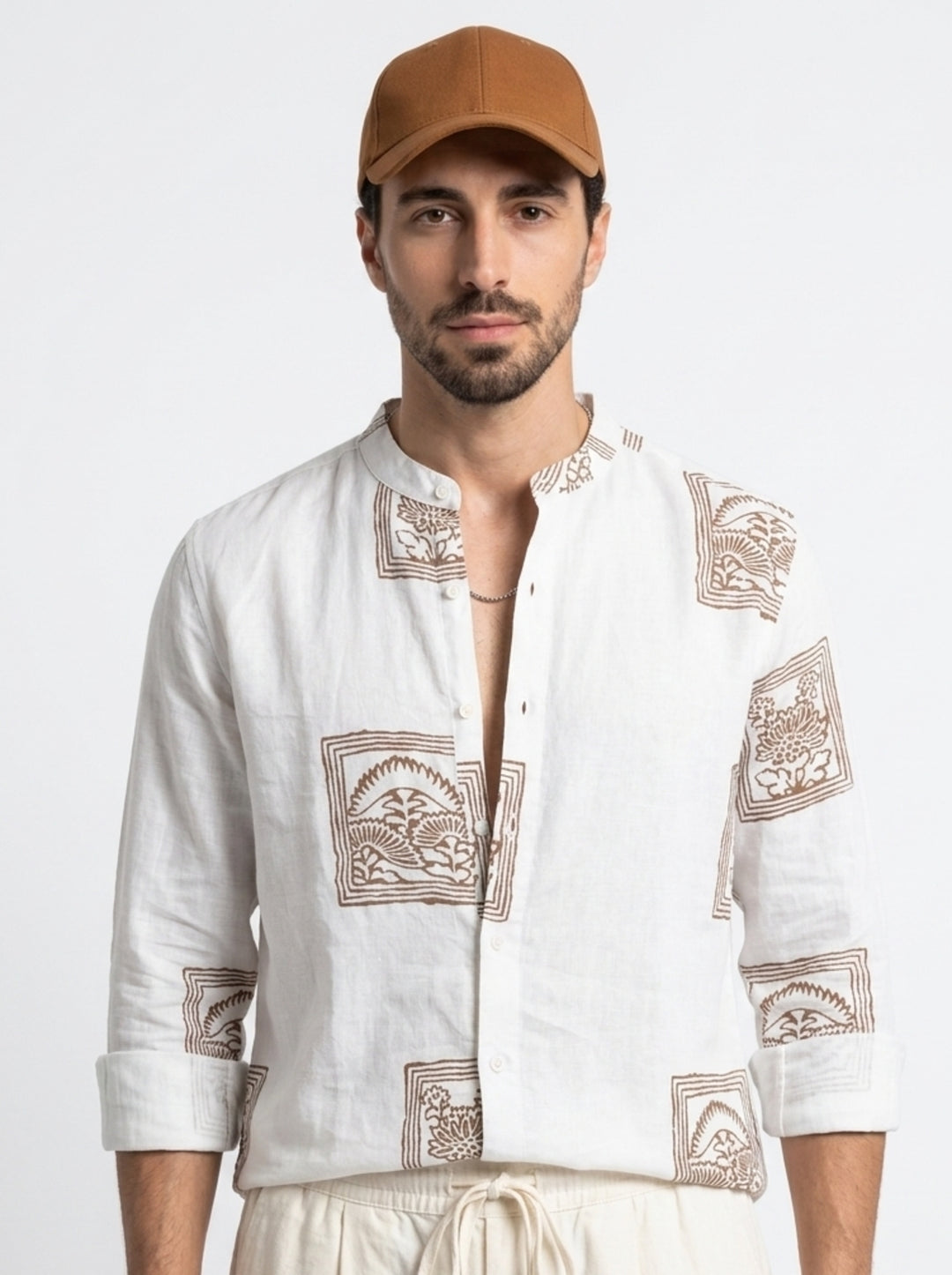 White & Brown Graphic Printed Mandarin Collar Cotton Men's Shirt