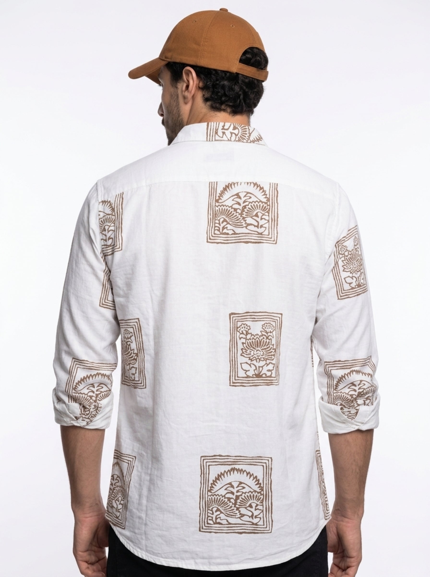 White & Brown Graphic Printed Mandarin Collar Cotton Men's Shirt
