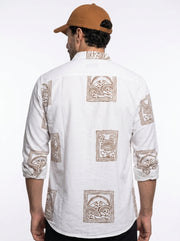 White & Brown Graphic Printed Mandarin Collar Cotton Men's Shirt