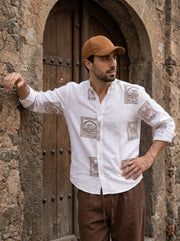 White & Brown Graphic Printed Mandarin Collar Cotton Men's Shirt