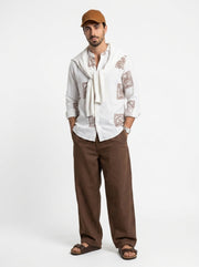White & Brown Graphic Printed Mandarin Collar Cotton Men's Shirt