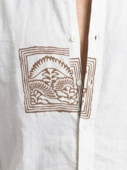 White & Brown Graphic Printed Mandarin Collar Cotton Men's Shirt