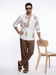 White & Brown Graphic Printed Mandarin Collar Cotton Men's Shirt