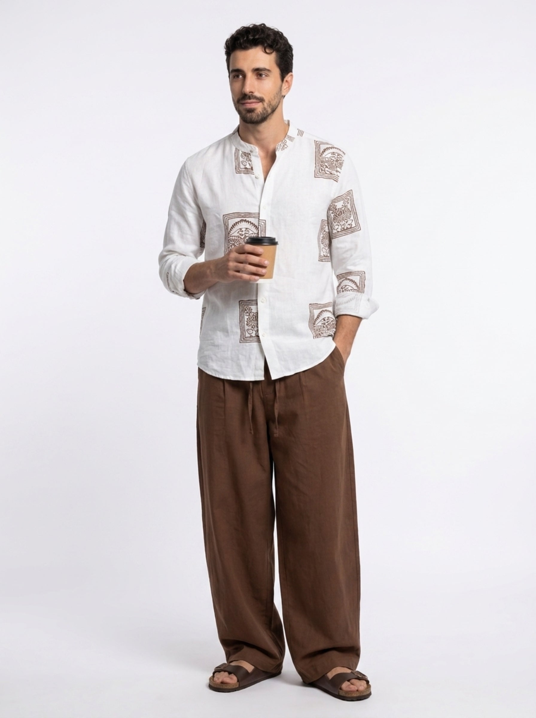 White & Brown Graphic Printed Mandarin Collar Cotton Men's Shirt