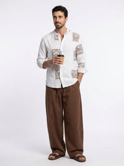 White & Brown Graphic Printed Mandarin Collar Cotton Men's Shirt