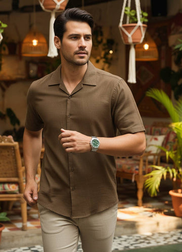 Brown Cuban Collar Solid Relaxed Fit Cotton Men's Shirt