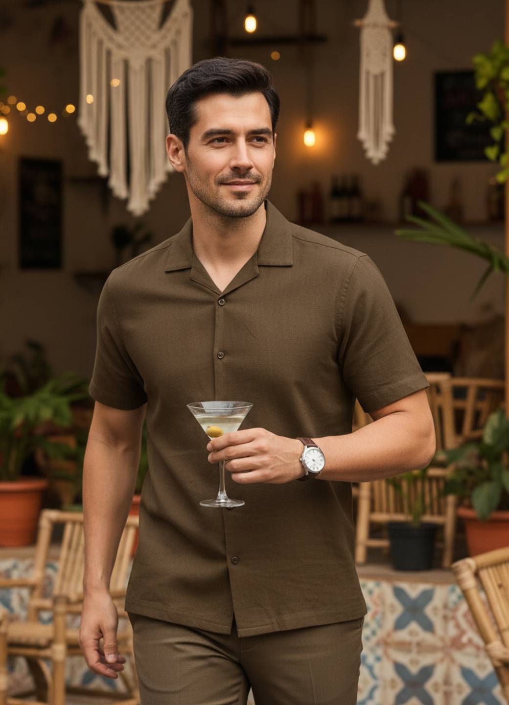 Brown Cuban Collar Solid Relaxed Fit Cotton Men's Shirt