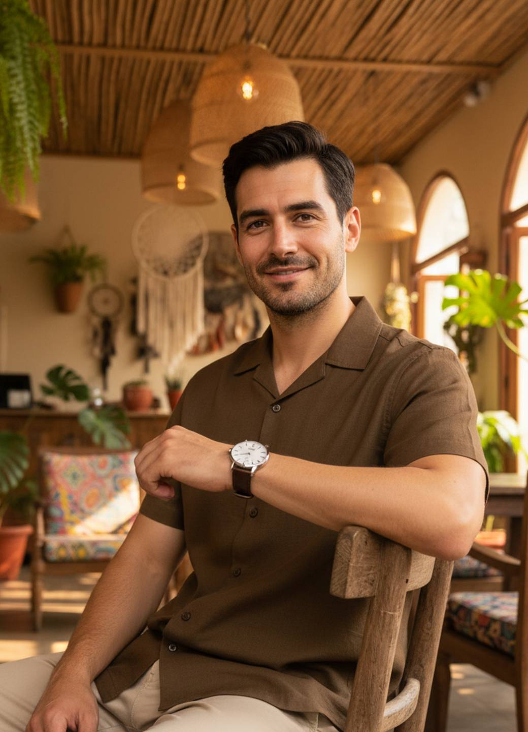 Brown Cuban Collar Solid Relaxed Fit Cotton Men's Shirt
