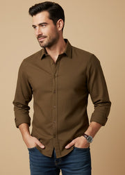Brown Band Collar Solid Cotton Men's Shirt