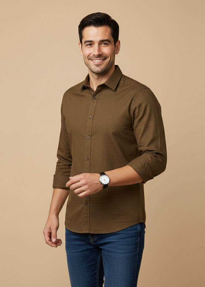 Brown Band Collar Solid Cotton Men's Shirt