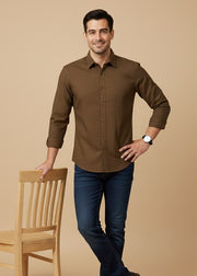 Brown Band Collar Solid Cotton Men's Shirt