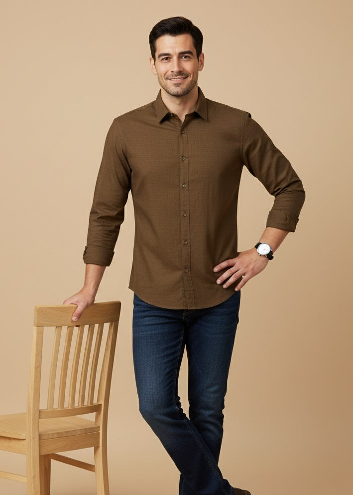 Brown Band Collar Solid Regular Fit Cotton Men's Shirt