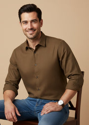 Brown Band Collar Solid Cotton Men's Shirt