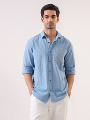 Blue Dyed Band Collar Long Sleeve Cotton Men's Shirt