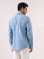 Blue Dyed Band Collar Long Sleeve Cotton Men's Shirt