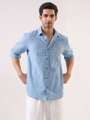 Blue Dyed Band Collar Long Sleeve Cotton Men's Shirt