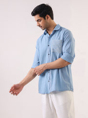 Blue Dyed Band Collar Long Sleeve Cotton Men's Shirt