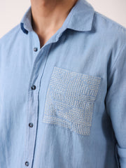 Blue Dyed Band Collar Long Sleeve Cotton Men's Shirt