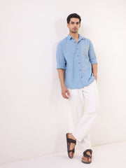 Blue Dyed Band Collar Long Sleeve Cotton Men's Shirt