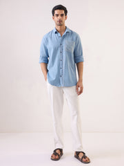 Blue Dyed Band Collar Long Sleeve Cotton Men's Shirt