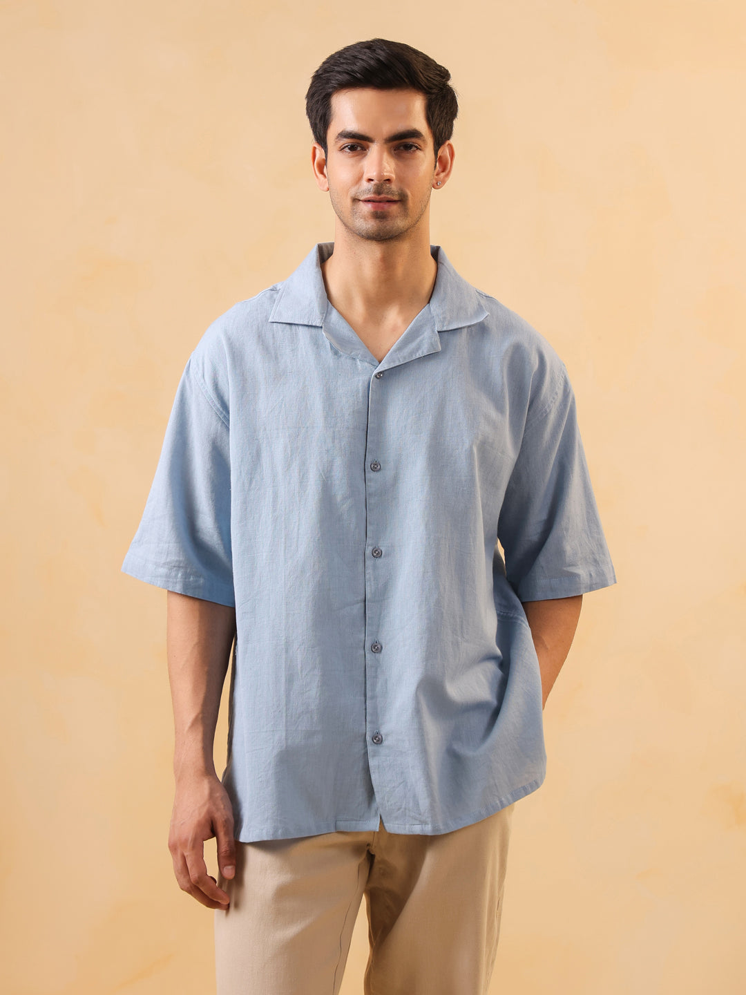 Blue Solid Band Collar Long Sleeves Oversized Cotton Men's Shirt