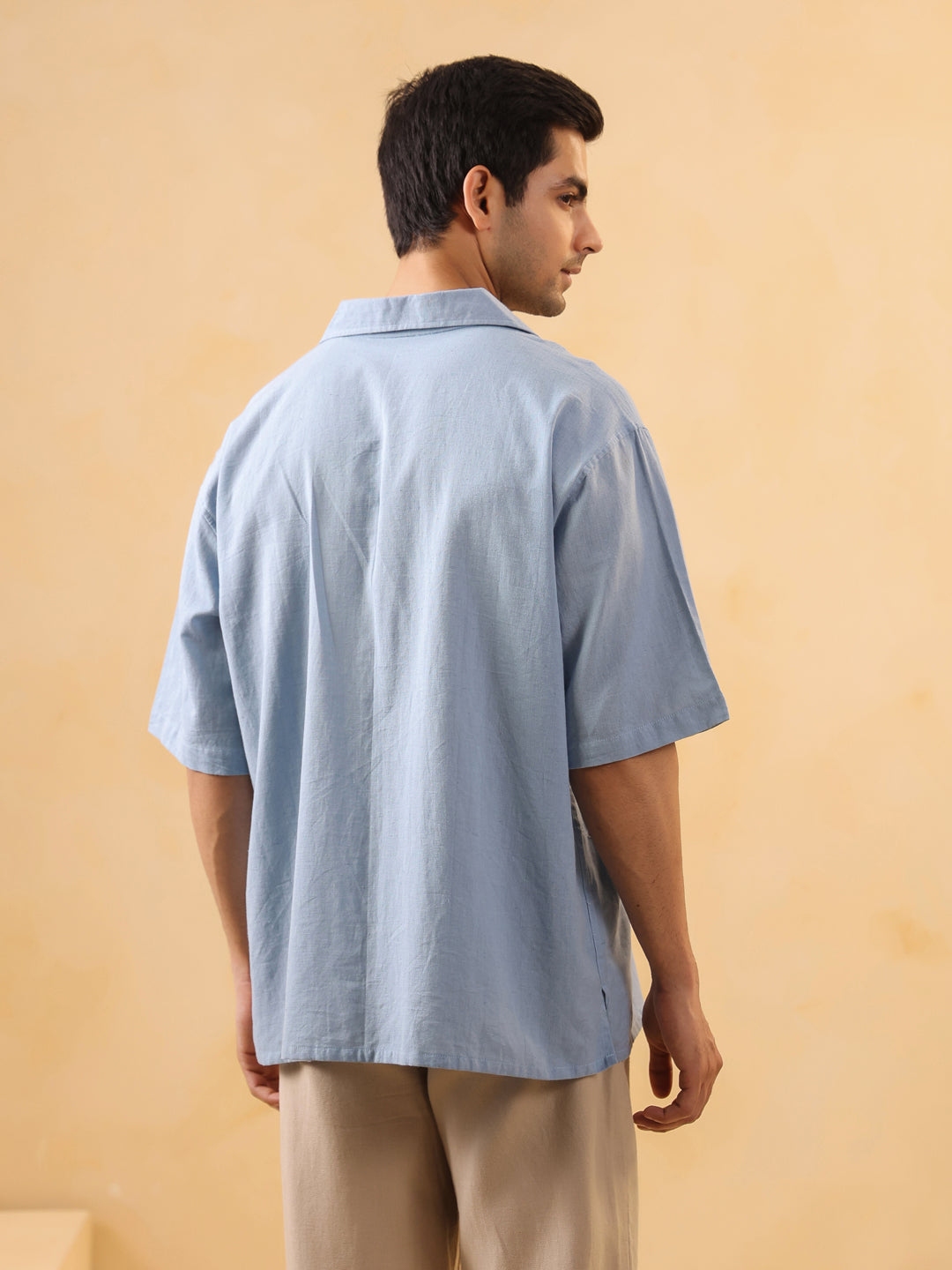 Blue Solid Band Collar Long Sleeves Oversized Cotton Men's Shirt