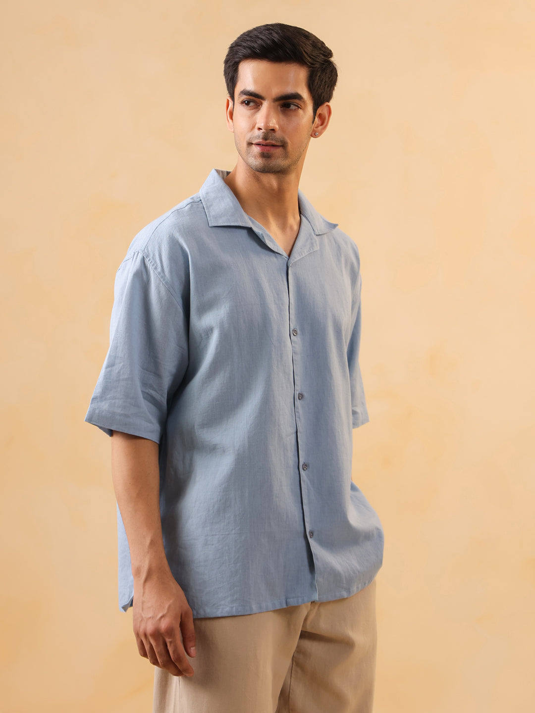 Blue Solid Band Collar Long Sleeves Oversized Cotton Men's Shirt