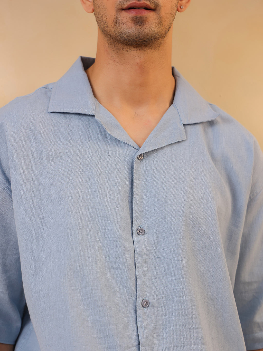 Blue Solid Band Collar Long Sleeves Oversized Cotton Men's Shirt