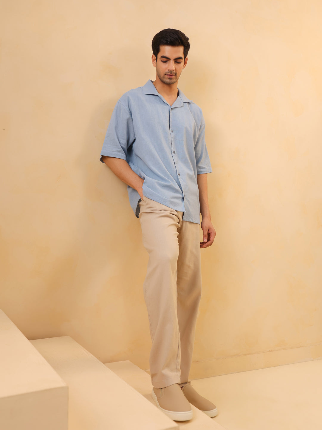 Blue Solid Band Collar Long Sleeves Oversized Cotton Men's Shirt