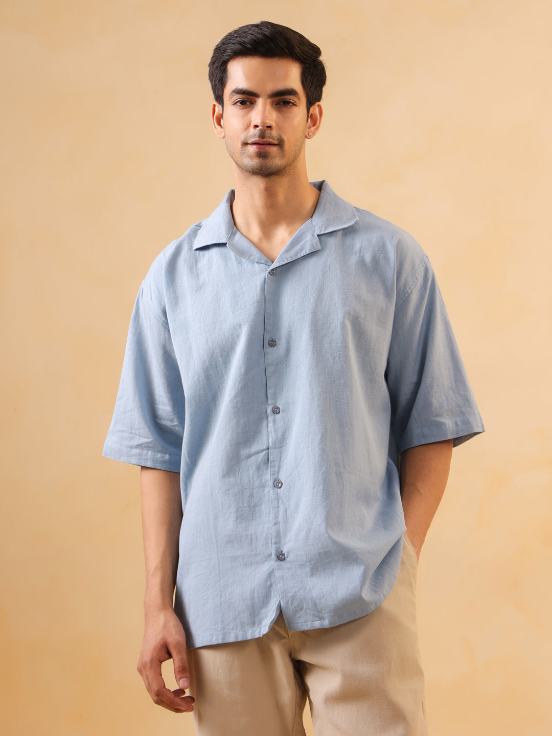 Blue Solid Band Collar Long Sleeves Oversized Cotton Men's Shirt