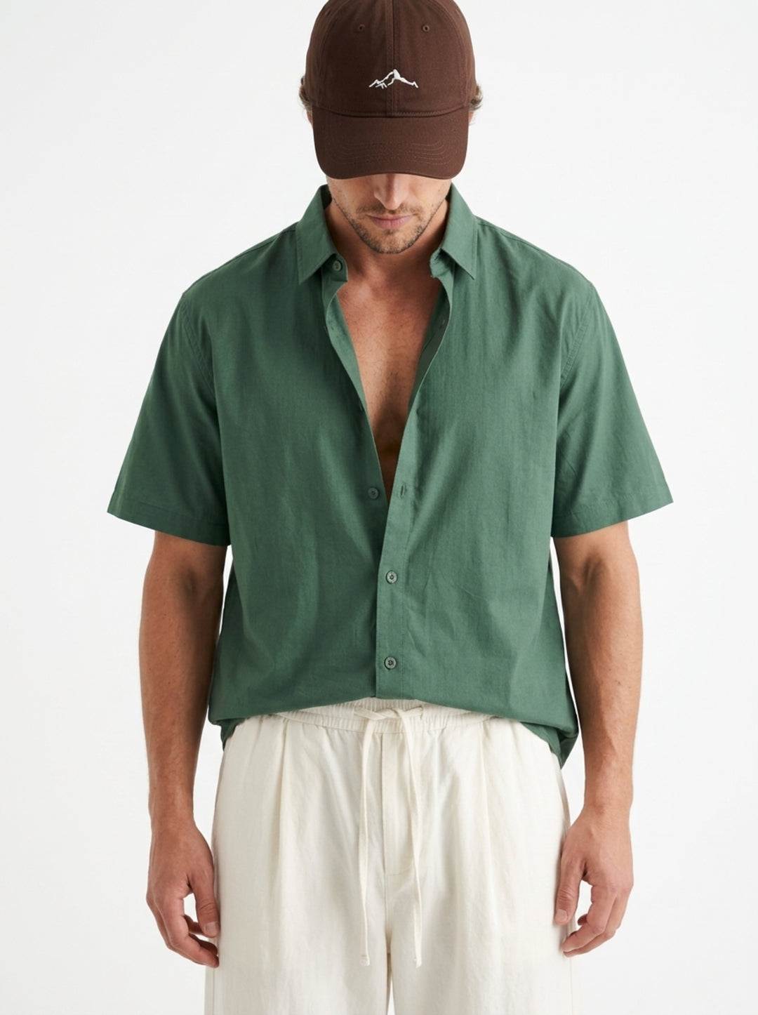 Green Band Collar Solid Relaxed Fit Cotton Men's Shirt