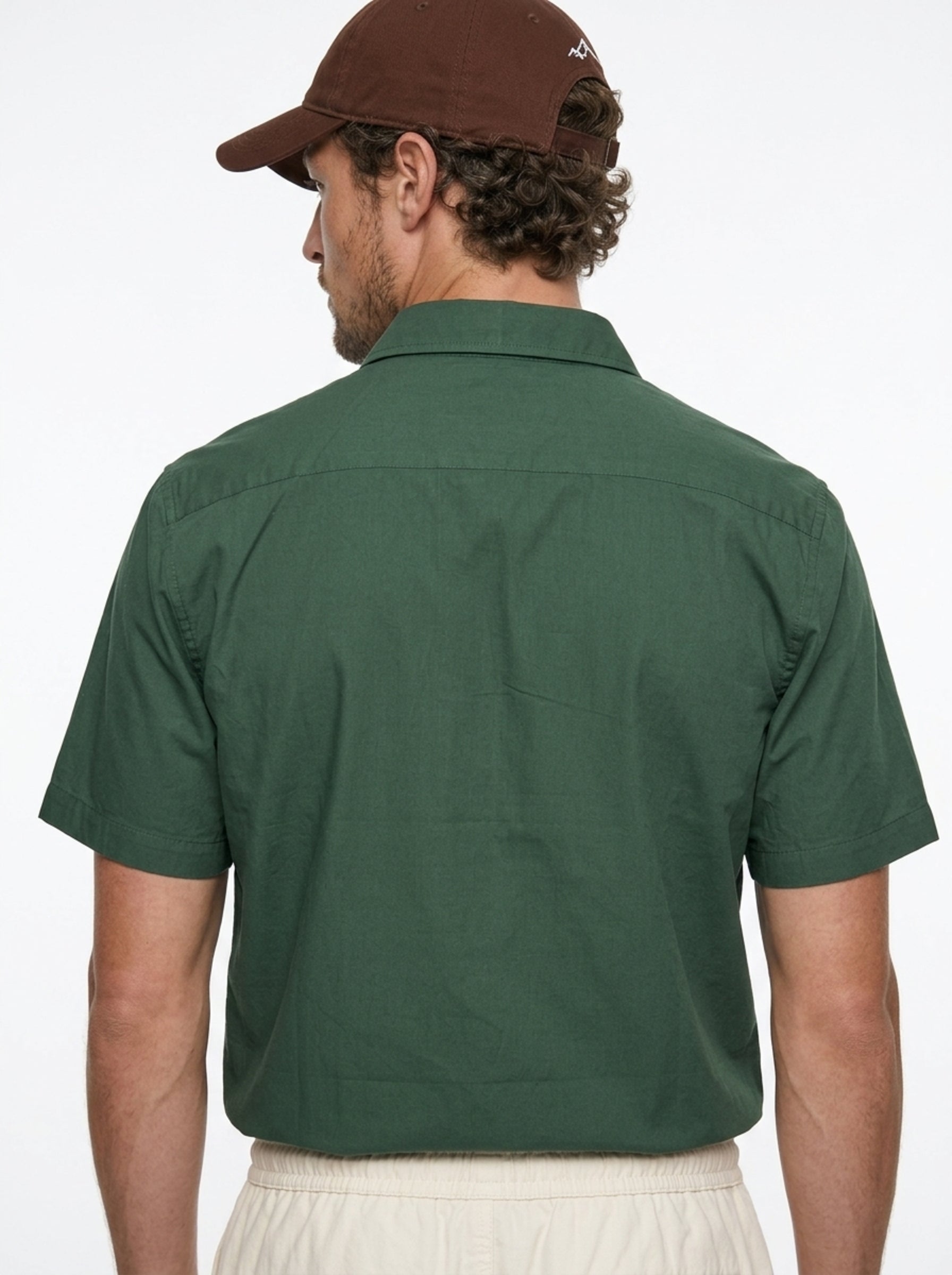 Green Band Collar Solid Relaxed Fit Cotton Men's Shirt