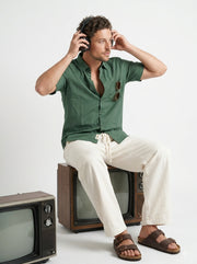 Green Band Collar Solid Relaxed Fit Cotton Men's Shirt