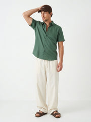 Green Band Collar Solid Relaxed Fit Cotton Men's Shirt