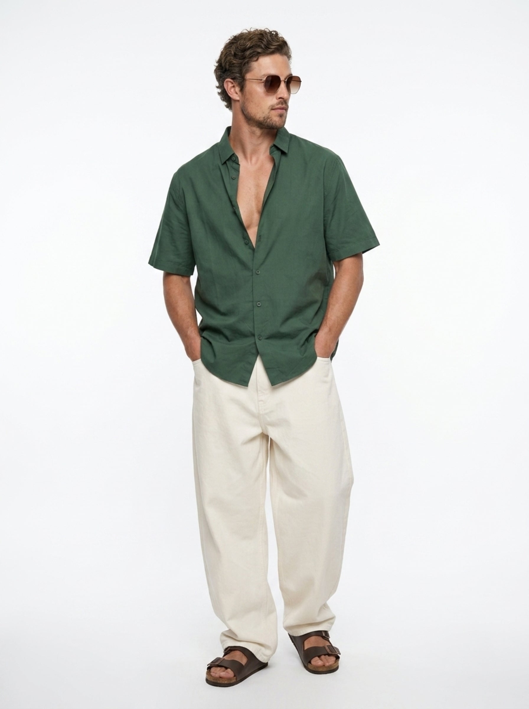 Green Band Collar Solid Relaxed Fit Cotton Men's Shirt