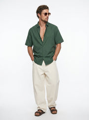 Green Band Collar Solid Relaxed Fit Cotton Men's Shirt