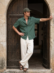 Green Band Collar Solid Relaxed Fit Cotton Men's Shirt