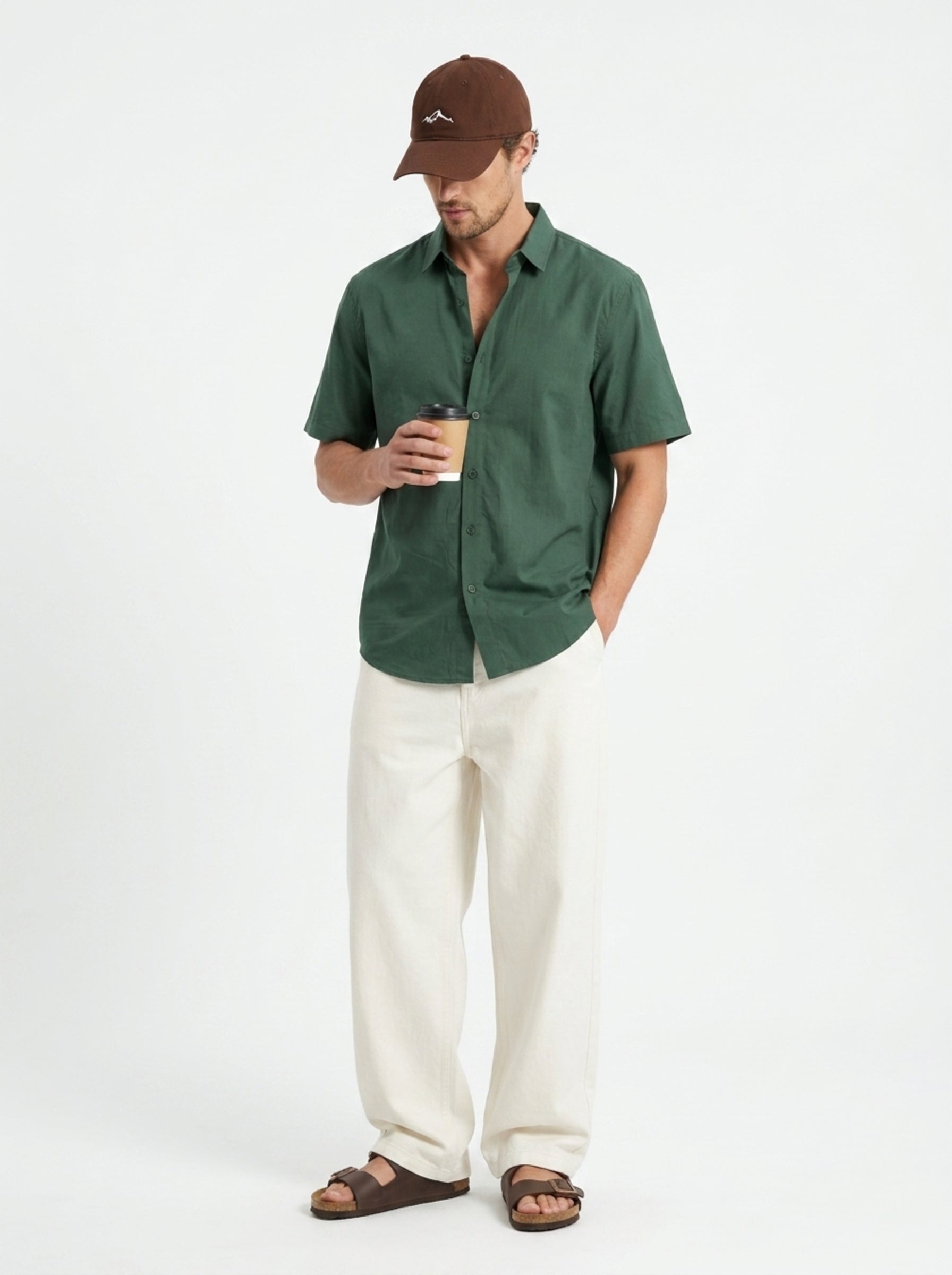 Green Band Collar Solid Relaxed Fit Cotton Men's Shirt