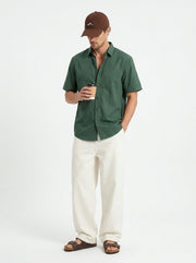 Green Band Collar Solid Relaxed Fit Cotton Men's Shirt