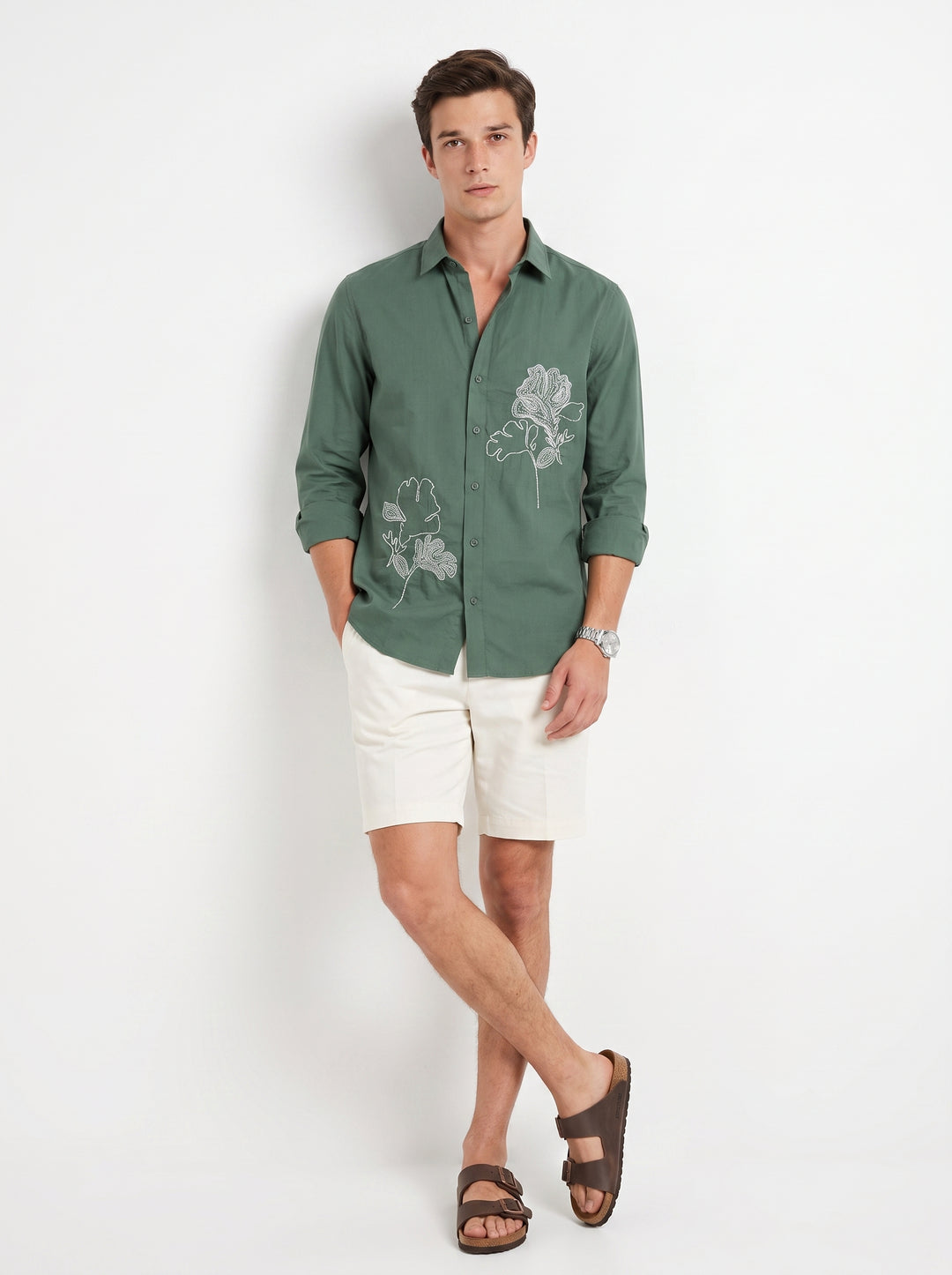 Olive Green Band Collar Art Floral Embroidered Casual Cotton Men's Shirt