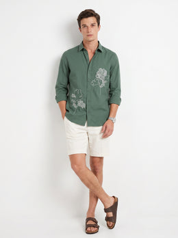 Olive Green Band Collar Art Floral Embroidered Casual Cotton Men's Shirt