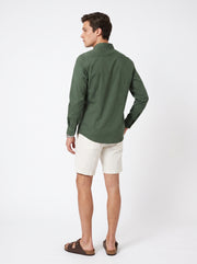 Olive Green Band Collar Art Floral Embroidered Casual Cotton Men's Shirt