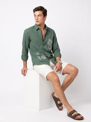 Olive Green Band Collar Art Floral Embroidered Casual Cotton Men's Shirt