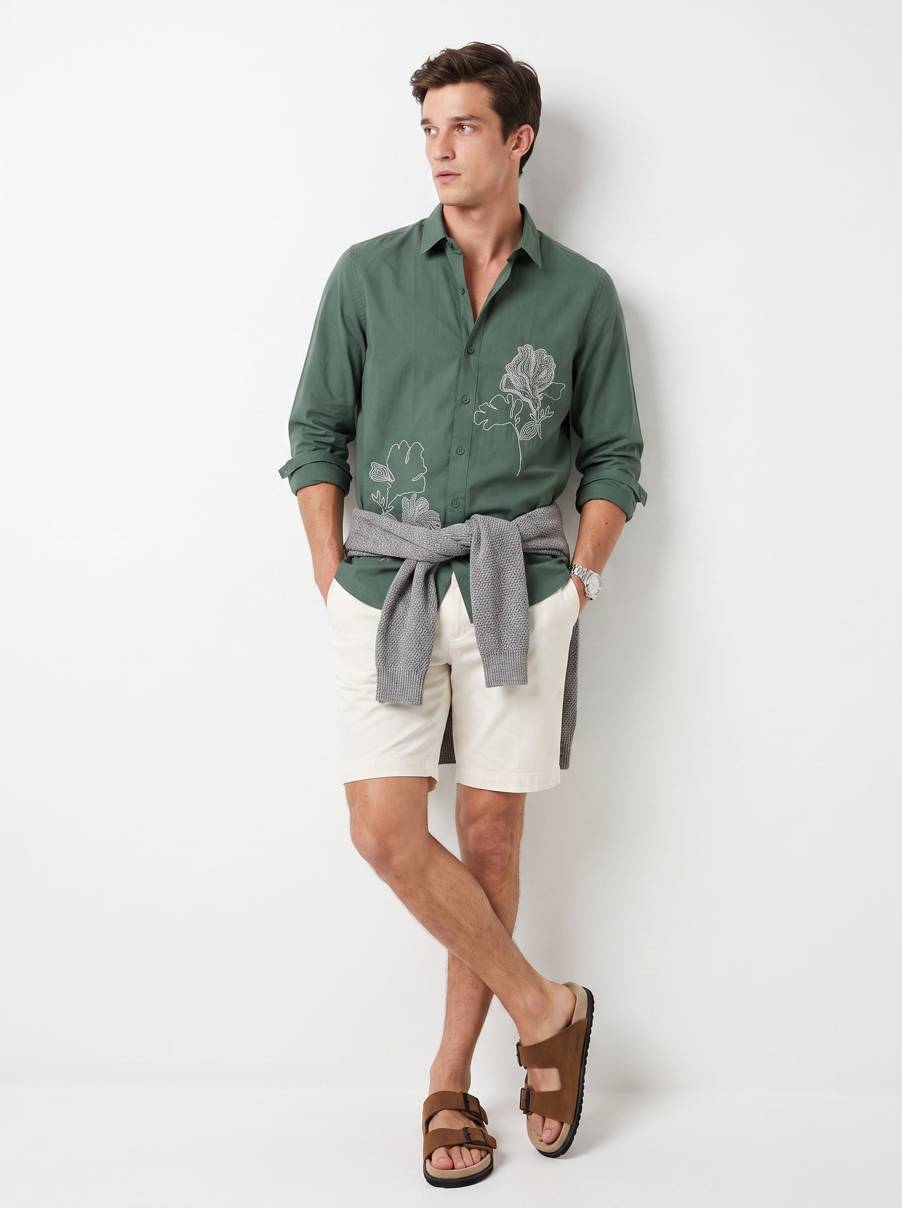 Olive Green Band Collar Art Floral Embroidered Casual Cotton Men's Shirt