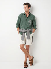 Olive Green Band Collar Art Floral Embroidered Casual Cotton Men's Shirt