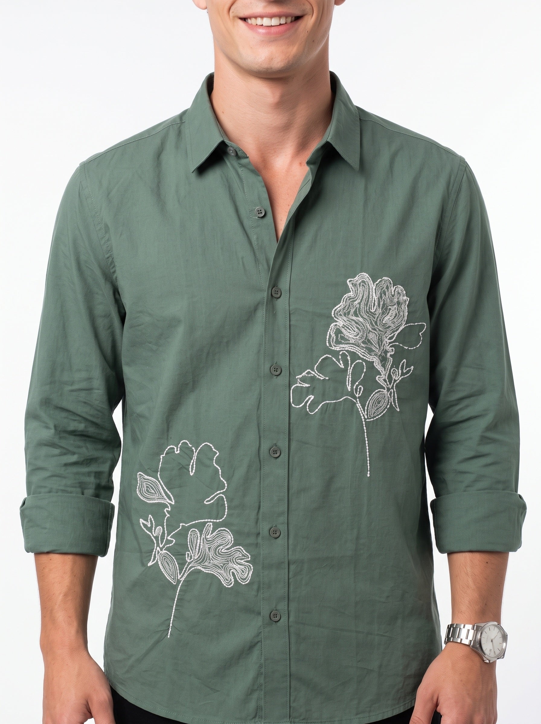 Olive Green Band Collar Art Floral Embroidered Casual Cotton Men's Shirt