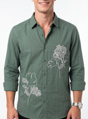 Olive Green Band Collar Art Floral Embroidered Casual Cotton Men's Shirt