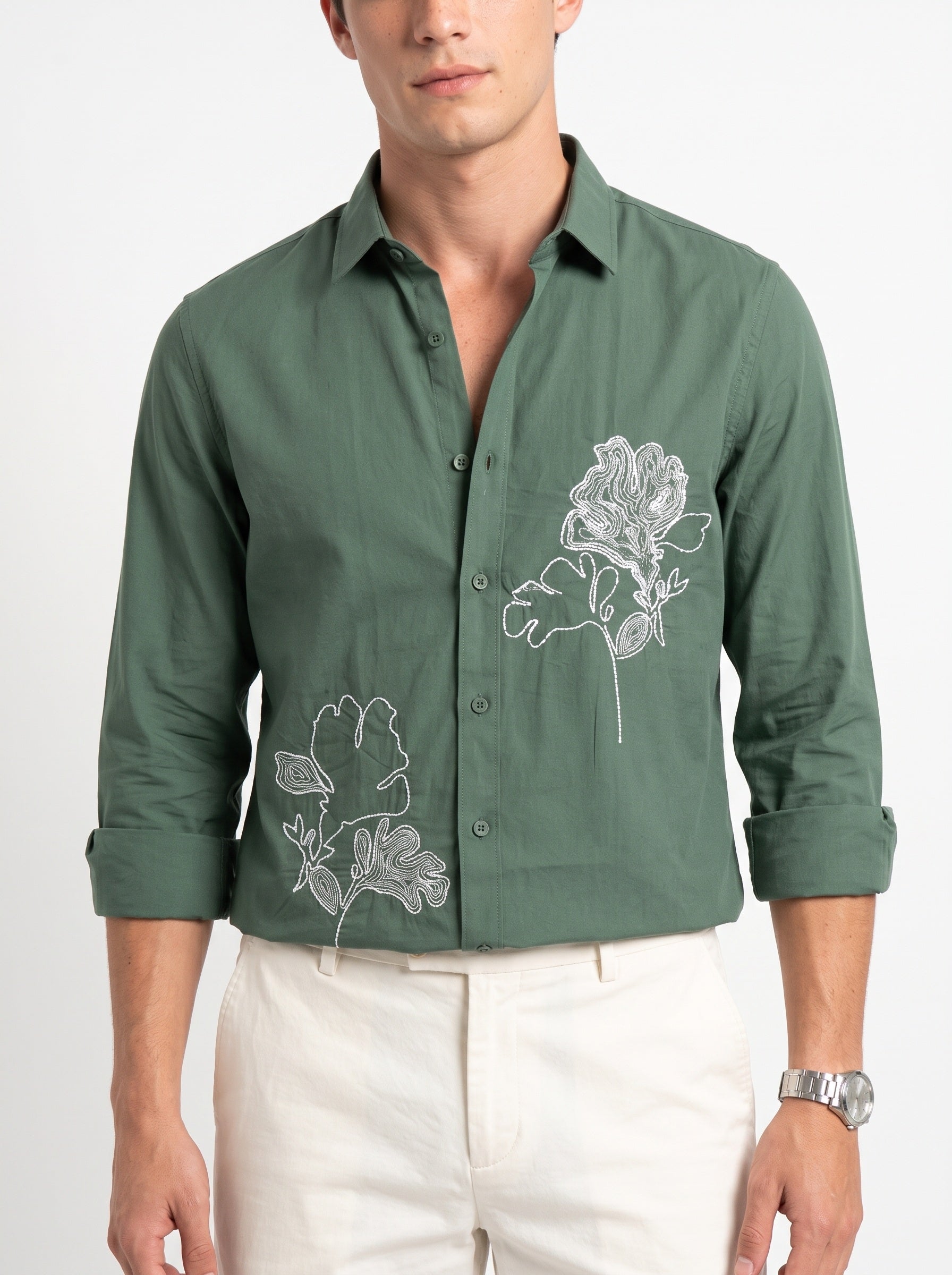 Olive Green Band Collar Art Floral Embroidered Casual Cotton Men's Shirt