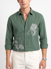 Olive Green Band Collar Art Floral Embroidered Casual Cotton Men's Shirt